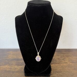 925 Sterling Silver Purple CZ Halo Pendant Necklace Marcasite Accents‎